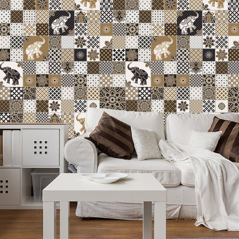Brown Bohemian Wallpaper Panel 10.8-sq ft Elephant and Geometric Print Wall Decor, Peel and Stick