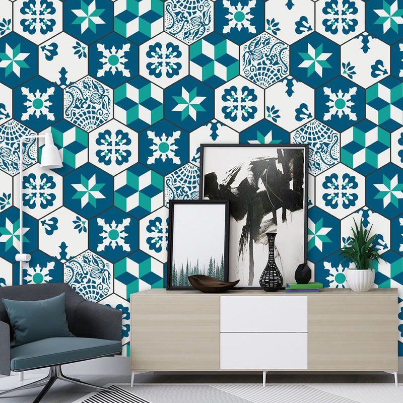 Bohemian Seamless Pattern Wallpaper Panel Blue-Green Geometric Wall Decor, Peel Off