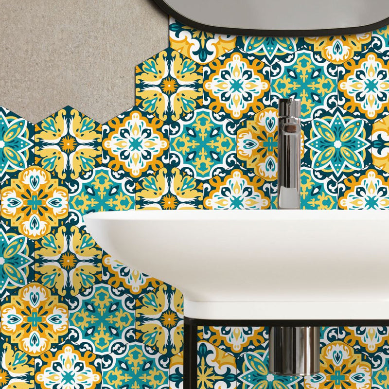 Ethnic Flowers Stick On Wallpaper Panels for Living Room, Yellow-Green, 9' L x 8" W