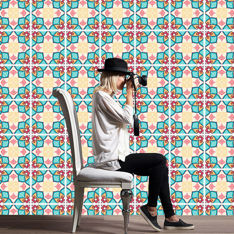 Symmetric Flower Print Peel Wallpaper Panel Boho Smooth Wall Decor in Red-Yellow-Blue