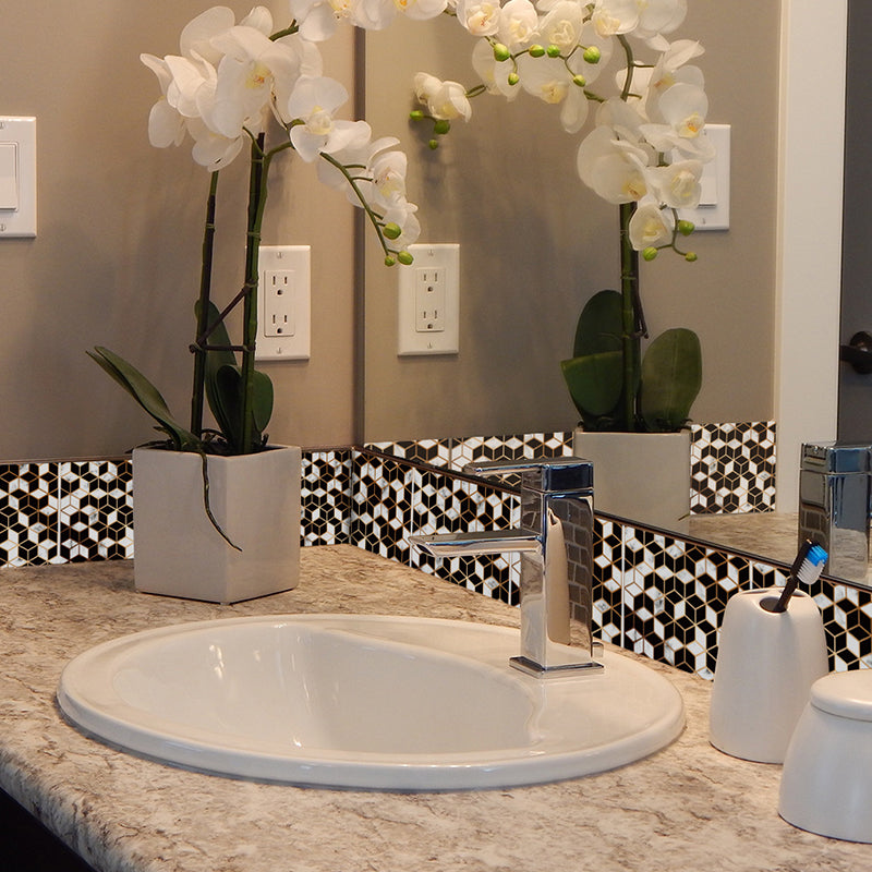 Black-White Boho Wallpaper Panel Set 8' L x 8" W Matrix Adhesive Wall Covering for Washroom