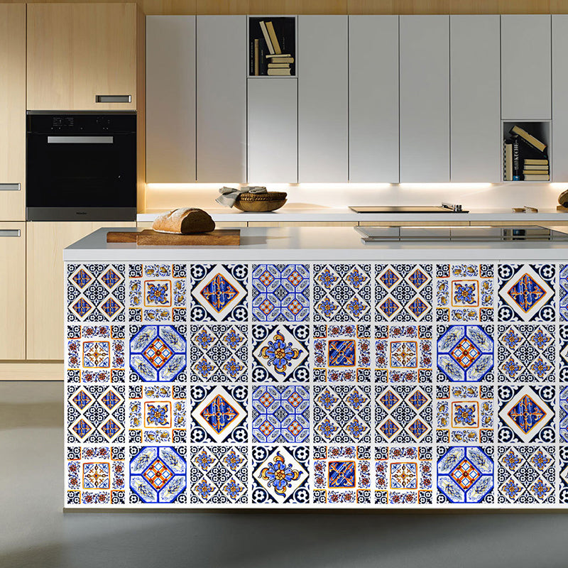 Check Wallpaper Panel Bohemian Peel and Stick Kitchen Wall Covering in Orange-Blue, 4.3-sq ft