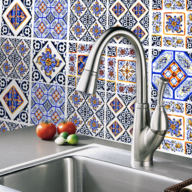 Check Wallpaper Panel Bohemian Peel and Stick Kitchen Wall Covering in Orange-Blue, 4.3-sq ft