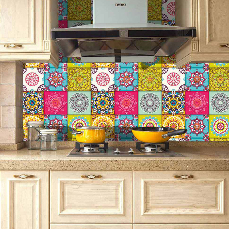 Mandala Peel and Stick Wallpaper Panel Set Rose Red-Blue-Green Boho Chic Wall Art