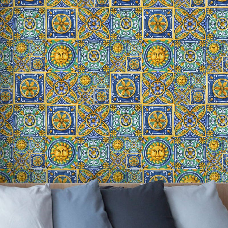 Adhesive Egyptian Tiles Wallpaper Panel in Blue-Yellow-Green Bohemian Style Wall Decor for Kitchen