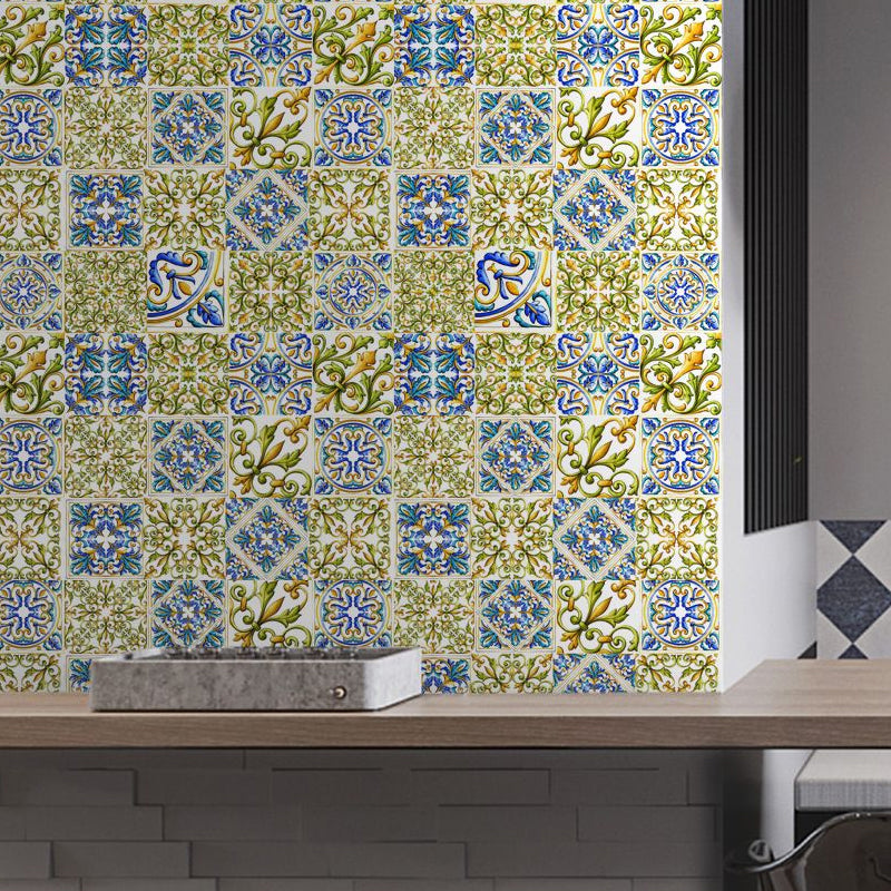Blue-Green Boho Wallpaper Panel 4.3-sq ft Moroccan Tiles Wall Covering for Dining Room, Stick On