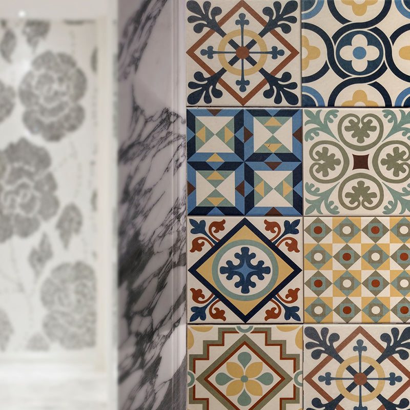 Geometry Tiles Adhesive Wallpaper Panels Baroque Smooth Wall Art in Red-Yellow-Blue