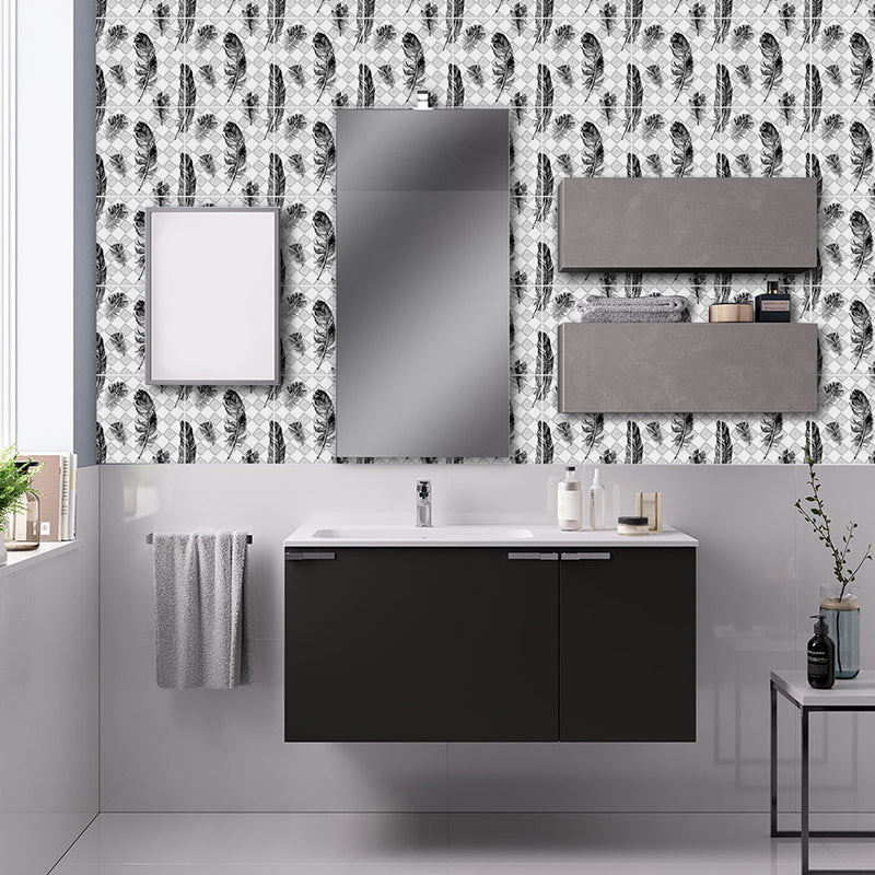 Modernist Feathers Stick Wallpaper Panel Black-Grey-White Tiles Wall Covering for Bath