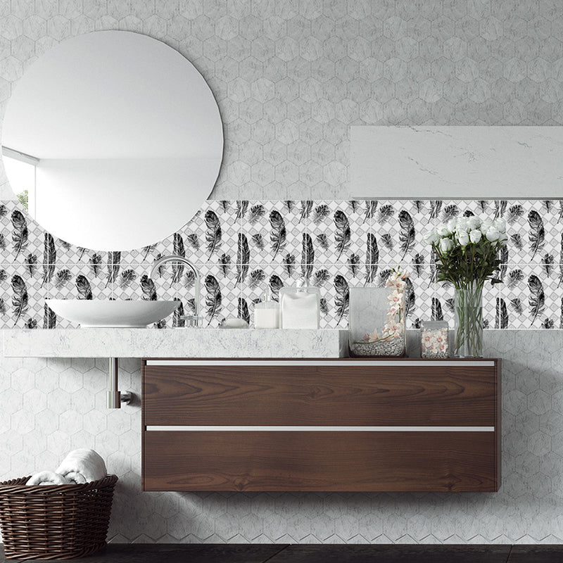 Modernist Feathers Stick Wallpaper Panel Black-Grey-White Tiles Wall Covering for Bath