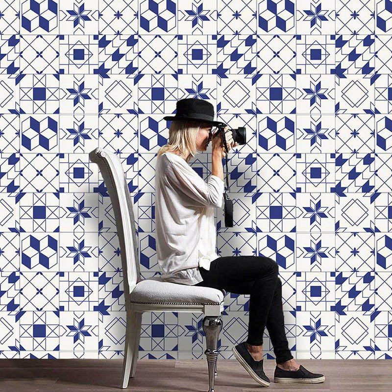 Modern Geometric Tiles Wallpaper Panels Blue-White Peel and Stick Wall Art for Living Room