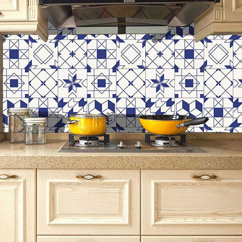 Modern Geometric Tiles Wallpaper Panels Blue-White Peel and Stick Wall Art for Living Room