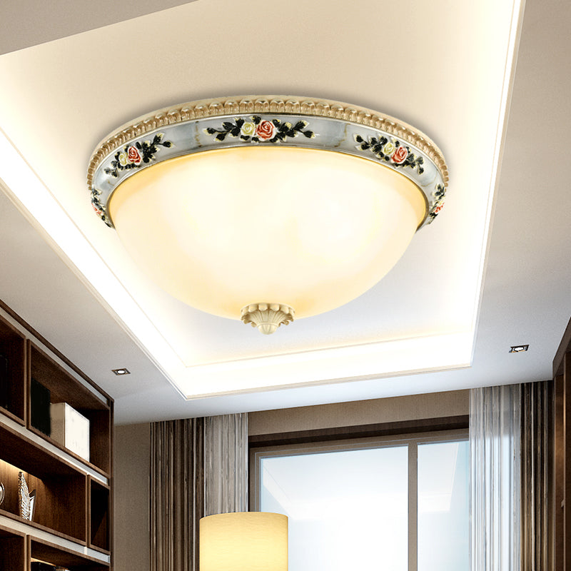 2/3-kops Dome Inbouw Platteland Opaalglas Grijze Plafondlamp met Bloemenversiering Decor, 14"/16"/18" Breed