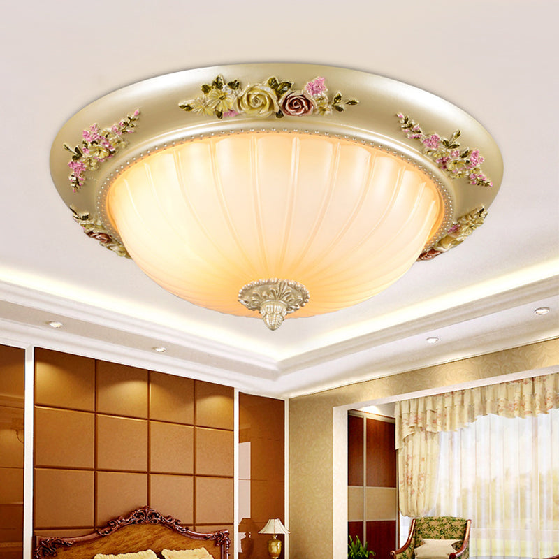 Beige 2/3-Head Flush Light Farmhouse Fluted Glass Domed Ceiling Lighting, 12.5"/14.5"/19" Width