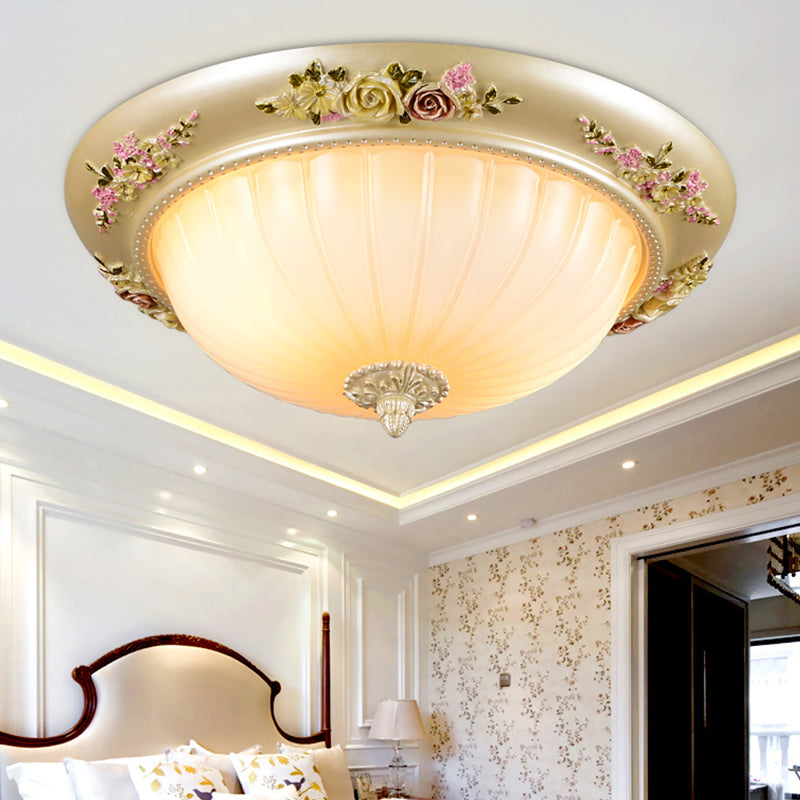 Beige 2/3-Head Flush Light Farmhouse Fluted Glass Domed Ceiling Lighting, 12.5"/14.5"/19" Width