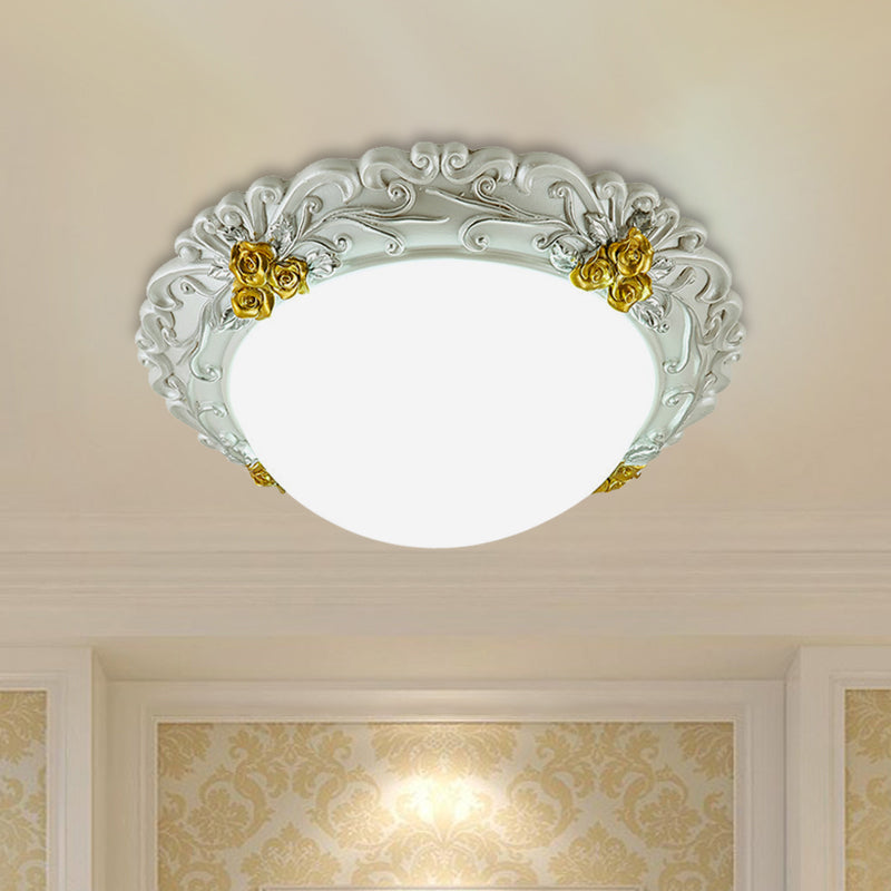 Milky Glass Semi-Orb Ceiling Fixture Traditional LED Corridor Flush Mount Lighting with Floral Edge in White and Gold/Brown