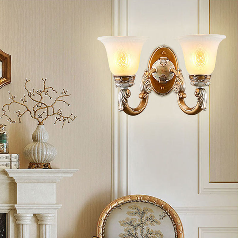 1/2-Head Wall Sconce Traditional Bell Shape Fluted Opal Glass Wall Lighting Idea in Brown