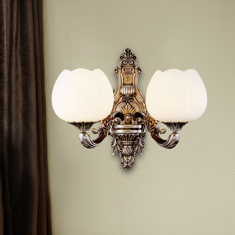 Frosted Glass Bloom Wall Lighting Vintage 1/2-Head Living Room Wall Light Sconce with Curved Arm in Coffee