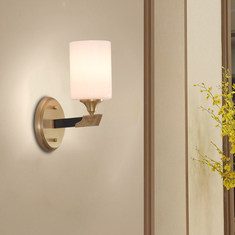 1/2-Head Cylindrical Wall Lamp Traditional Black-Gold White Glass Wall Mount Light Fixture