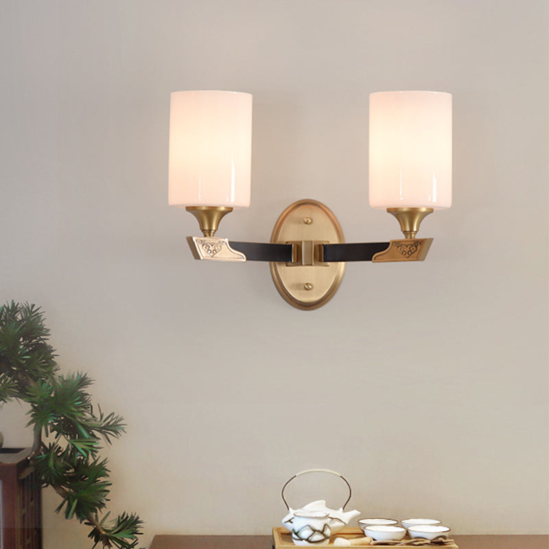 1/2-Head Cylindrical Wall Lamp Traditional Black-Gold White Glass Wall Mount Light Fixture