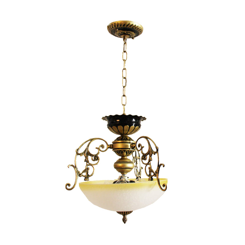 3 Lights Pendant Chandelier Country Bowl-Like Milk Glass Pendulum Lighting with Branch Decor in Bronze