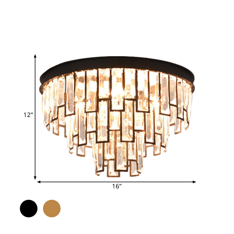 4 Heads Taper Flush Mount Light Modern Black/Gold Clear Crystals Lighting Fixture for Bedroom