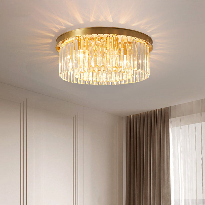 4/5 Bulbs Clear Crystal Prisms Light Fixture Gold Round Bedroom Flush Mount Lamp, 16"/19.5" Wide