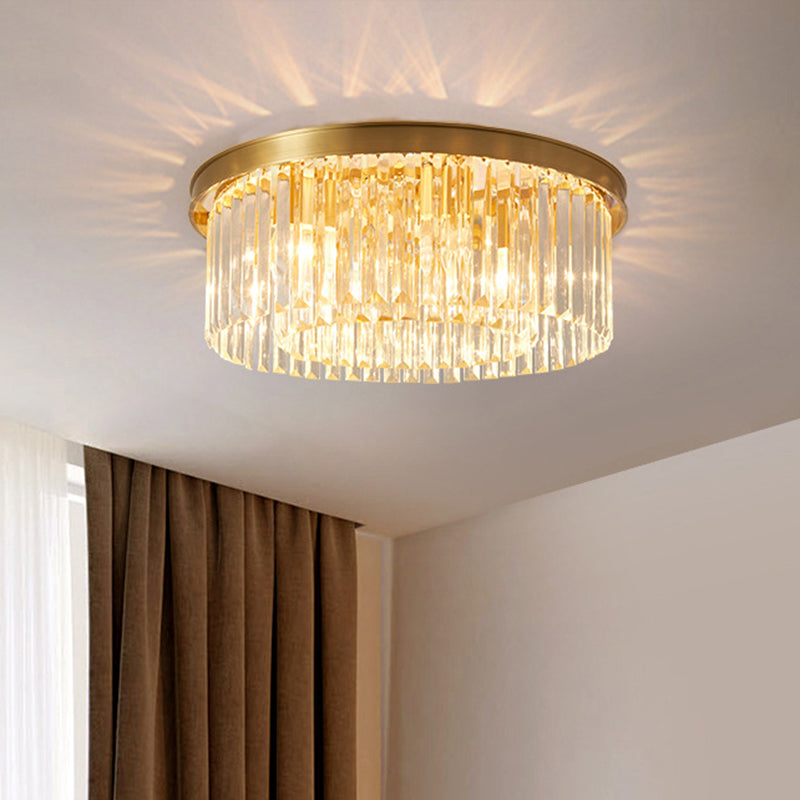 4/5 Bulbs Clear Crystal Prisms Light Fixture Gold Round Bedroom Flush Mount Lamp, 16"/19.5" Wide