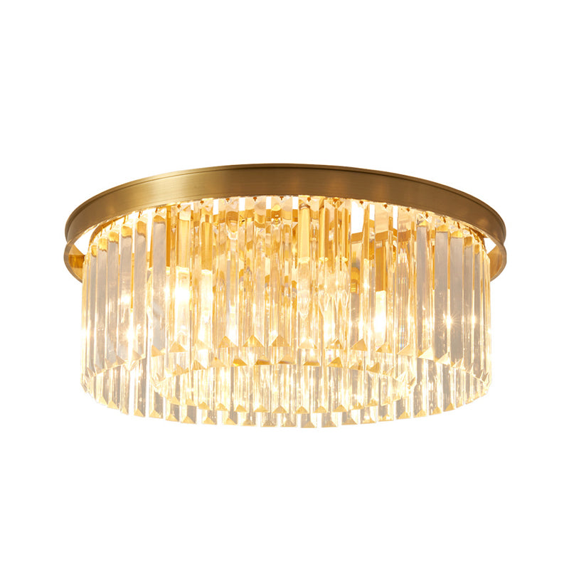4/5 Bulbs Clear Crystal Prisms Light Fixture Gold Round Bedroom Flush Mount Lamp, 16"/19.5" Wide