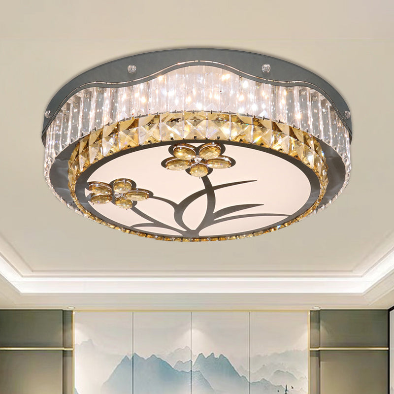 Drum Bedchamber Ceiling Lamp Modern Rectangular-Cut Crystals LED Chrome Flushmount Lighting with Flower Pattern