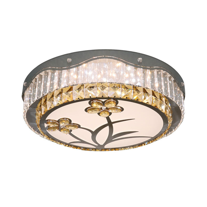 Drum Bedchamber Ceiling Lamp Modern Rectangular-Cut Crystals LED Chrome Flushmount Lighting with Flower Pattern