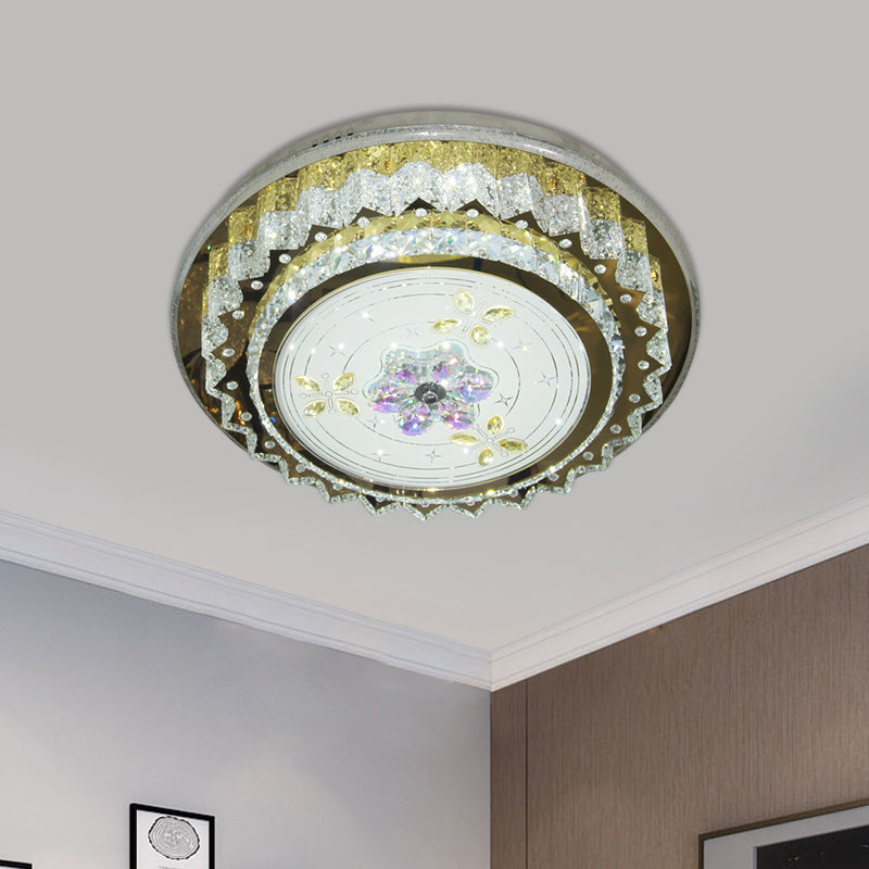 Crystal Blocks Round Flush Mount Contemporary LED Bedroom Ceiling Fixture in Stainless-Steel