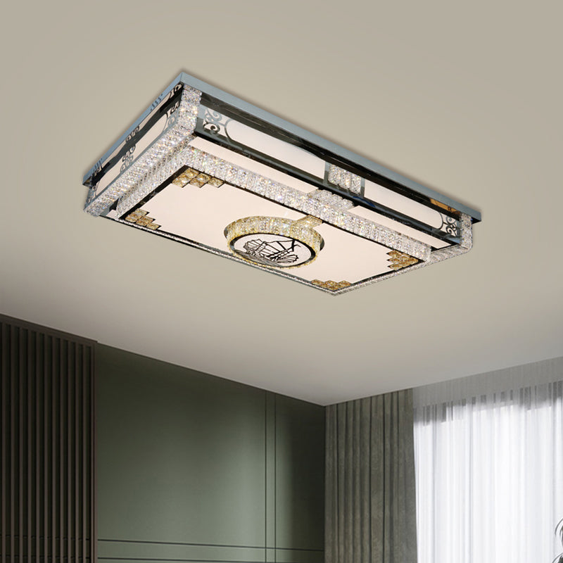 Modern Rectangle Flush Mount Lamp Clear Crystal Blocks LED Ceiling Fixture in Stainless-Steel