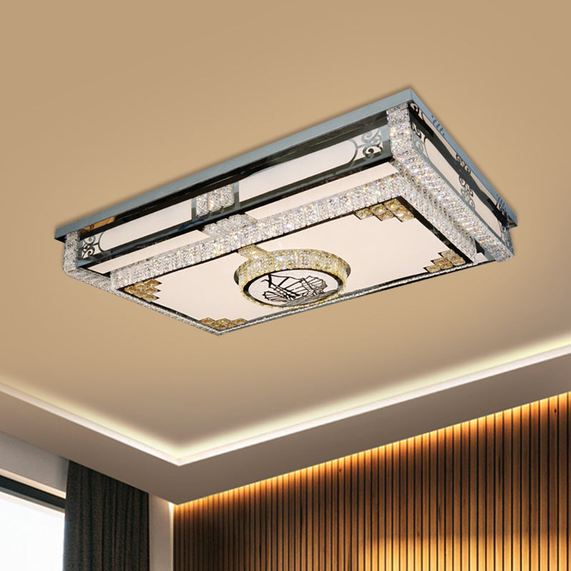 Modern Rectangle Flush Mount Lamp Clear Crystal Blocks LED Ceiling Fixture in Stainless-Steel