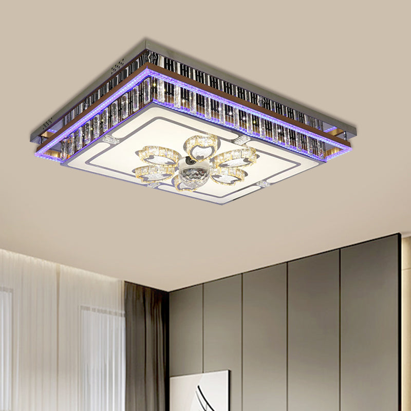 Rectangle Parlor Flush Mount Modern Clear Crystal Blocks Stainless-Steel LED Light Fixture Ceiling with Flower Pattern