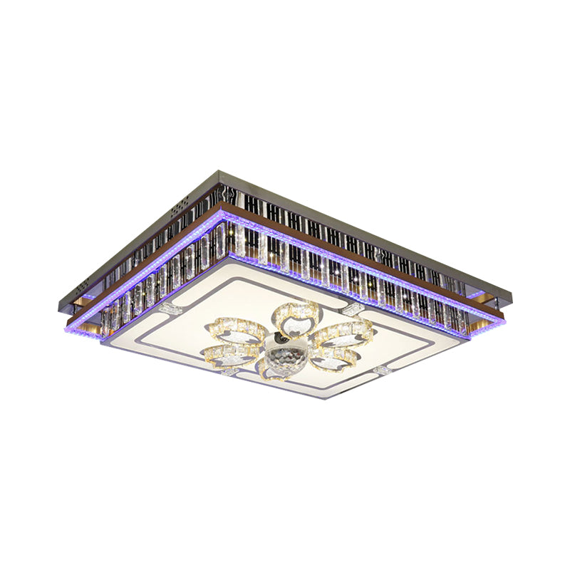 Rectangle Parlor Flush Mount Modern Clear Crystal Blocks Stainless-Steel LED Light Fixture Ceiling with Flower Pattern