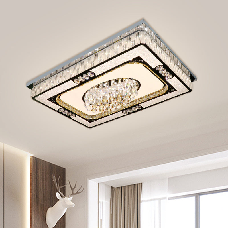 Nickel Rectangle Flush Light Fixture Contemporary Clear Crystal Blocks Great Room LED Ceiling Mount