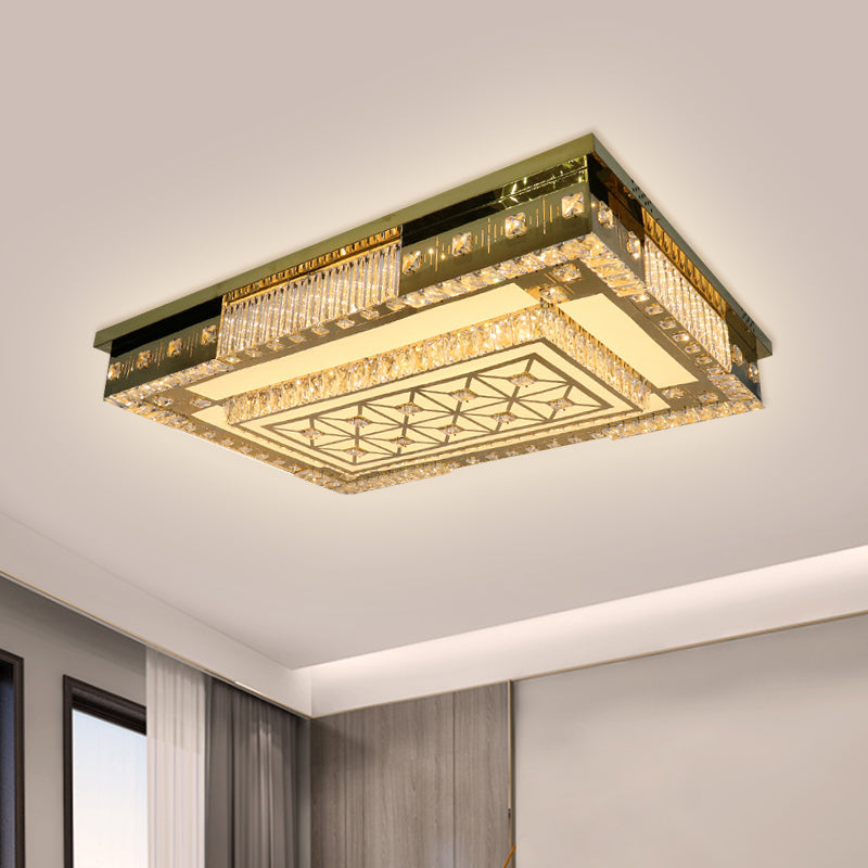 LED Rectangle Flush Ceiling Light Contemporary Gold Clear Crystal Blocks Lighting Fixture