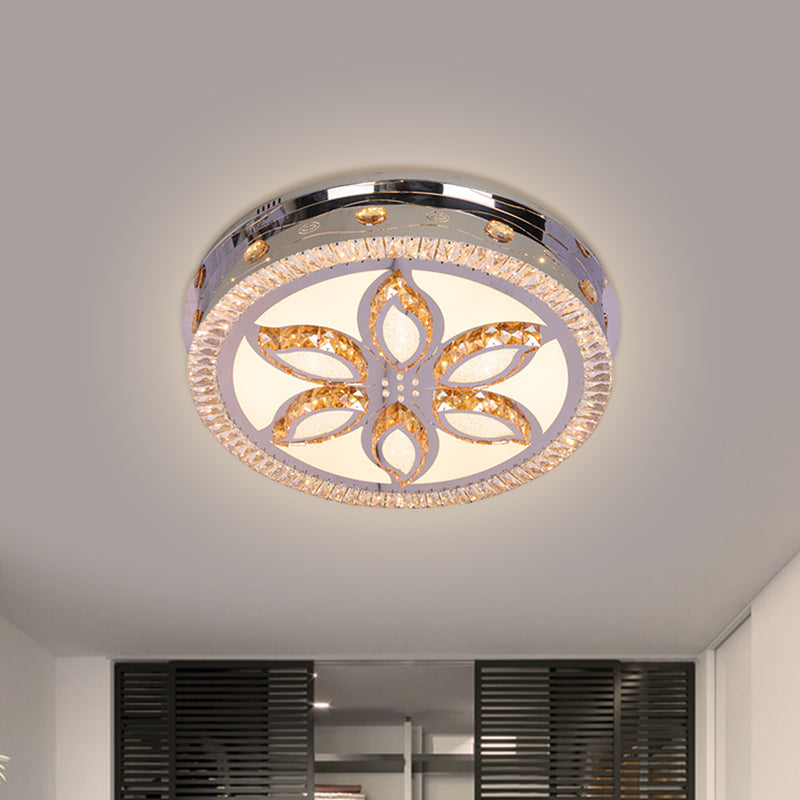 LED Round Flushmount Light Contemporary Stainless-Steel Finish Clear Crystal Blocks Ceiling Lamp with Flower Pattern