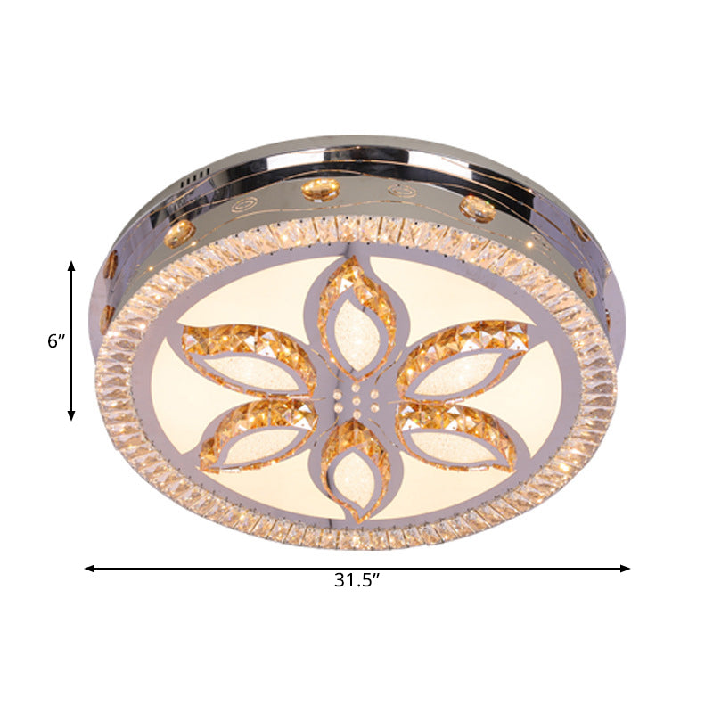 LED Round Flushmount Light Contemporary Stainless-Steel Finish Clear Crystal Blocks Ceiling Lamp with Flower Pattern