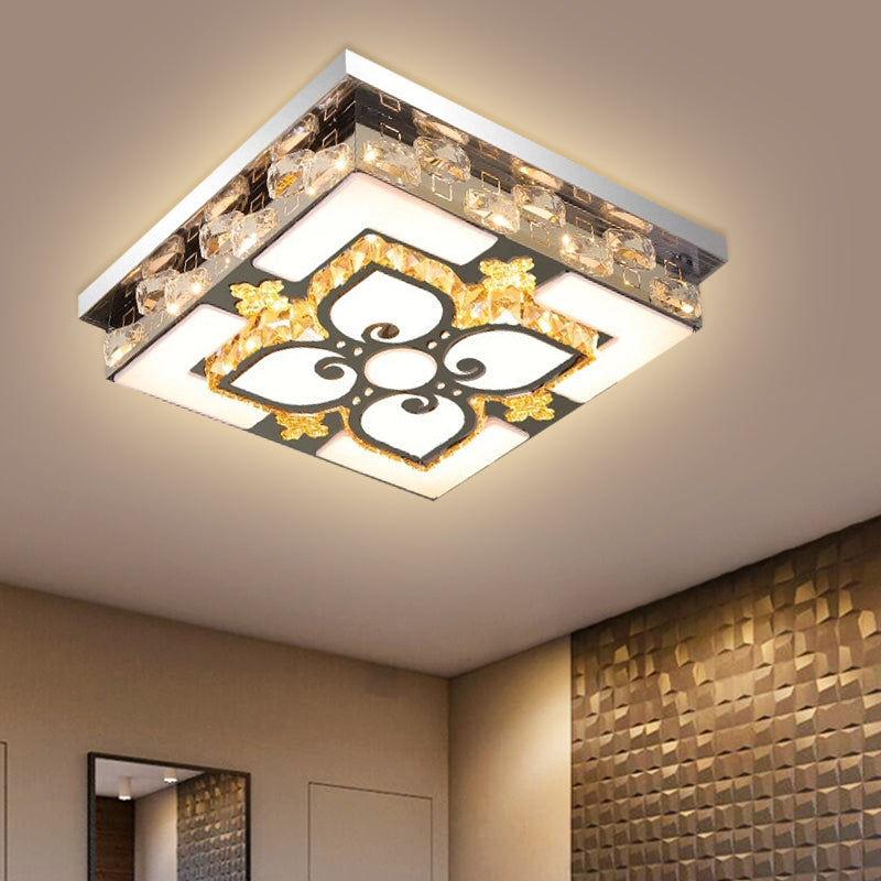 Square Clear Crystal Blocks Flush Light Contemporary Drawing Room LED Ceiling Lighting in Nickel