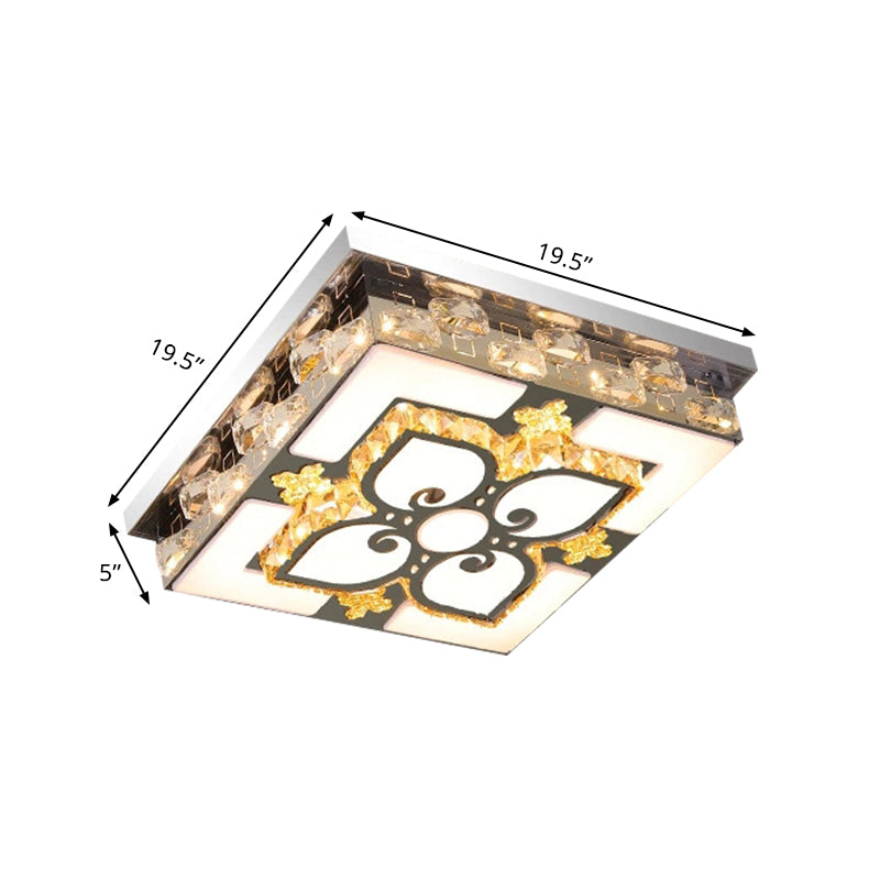 Square Clear Crystal Blocks Flush Light Contemporary Drawing Room LED Ceiling Lighting in Nickel
