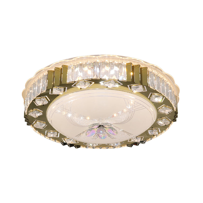 LED Circular Ceiling Fixture Modern Stainless-Steel Finish Clear Cut Crystal Blocks Flush Mount in Warm/Multi Color Light