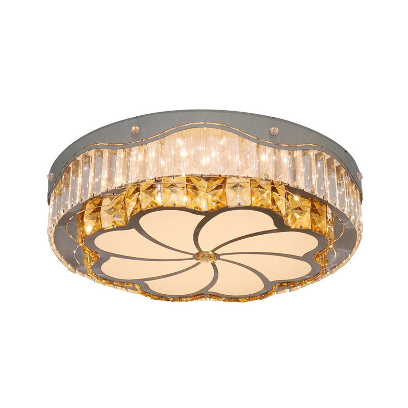 LED Clear Crystal Blocks Flushmount Contemporary Stainless-Steel Drum Parlor Ceiling Lamp with Windmill Pattern