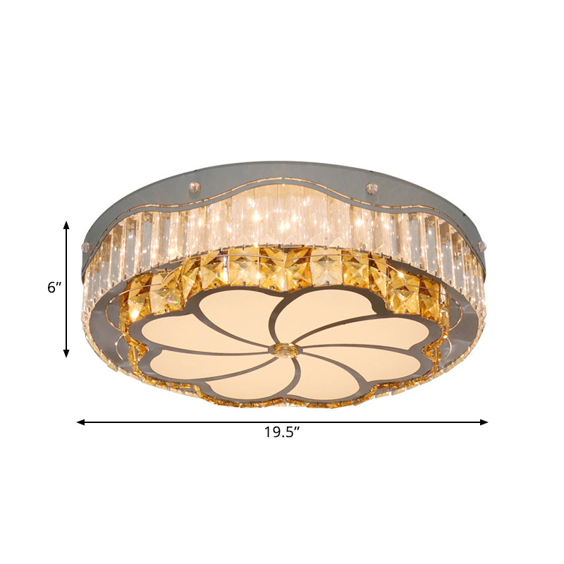 LED Clear Crystal Blocks Flushmount Contemporary Stainless-Steel Drum Parlor Ceiling Lamp with Windmill Pattern