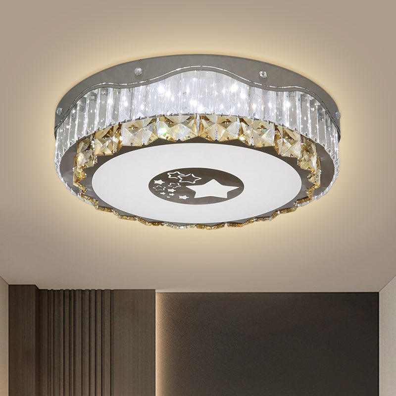 Clear Crystal Blocks Round Flush Light Modern Bedroom LED Ceiling Mount in Stainless-Steel