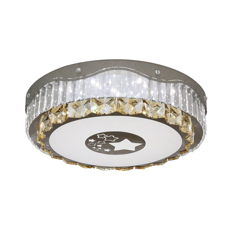 Clear Crystal Blocks Round Flush Light Modern Bedroom LED Ceiling Mount in Stainless-Steel