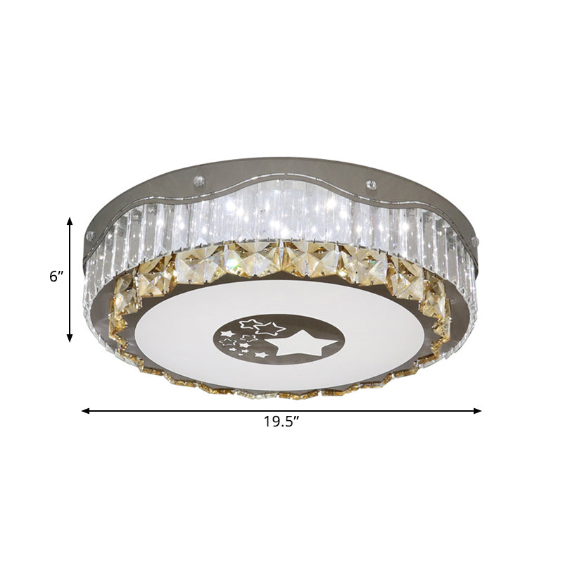 Clear Crystal Blocks Round Flush Light Modern Bedroom LED Ceiling Mount in Stainless-Steel