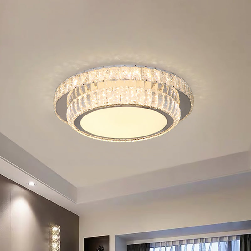 LED Lighting Fixture Contemporary 2-Tier Circular Clear Rectangular-Cut Crystals Flush Mount in Nickel