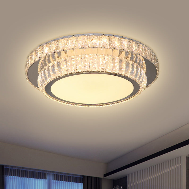 LED Lighting Fixture Contemporary 2-Tier Circular Clear Rectangular-Cut Crystals Flush Mount in Nickel