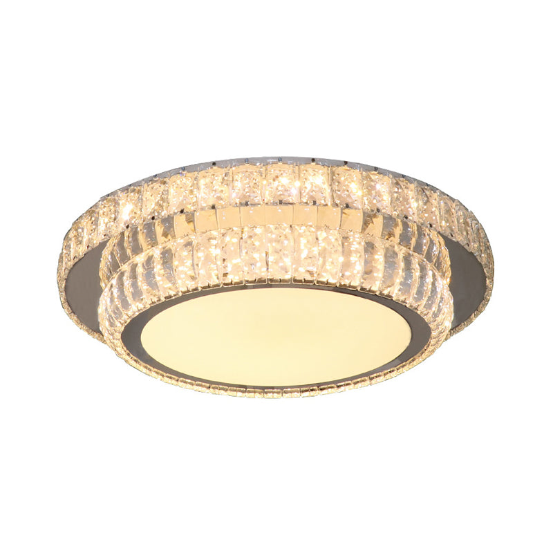 LED Lighting Fixture Contemporary 2-Tier Circular Clear Rectangular-Cut Crystals Flush Mount in Nickel